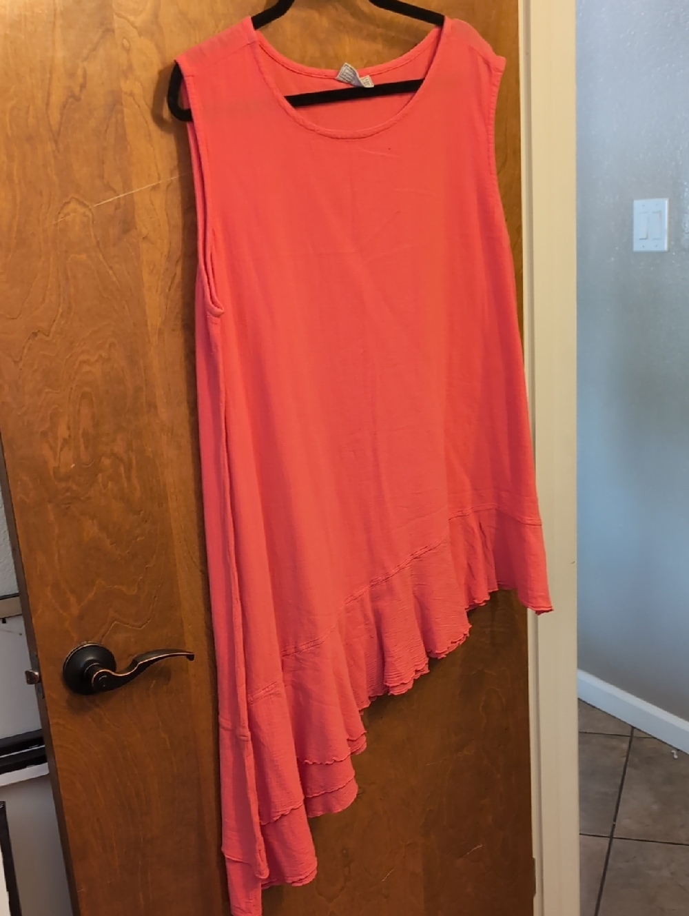 Cottonways Sleeveless Asymmetric Ruffle Tunic Top - Coral Pink